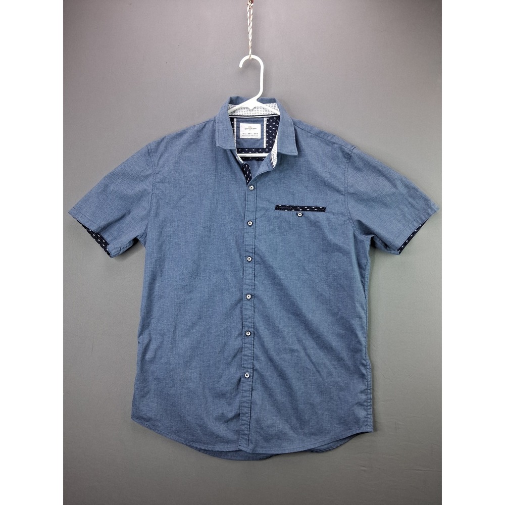 Craft + Flow Button Up Shirt Large Blue Short Sleeve Geometric Trim Casual L